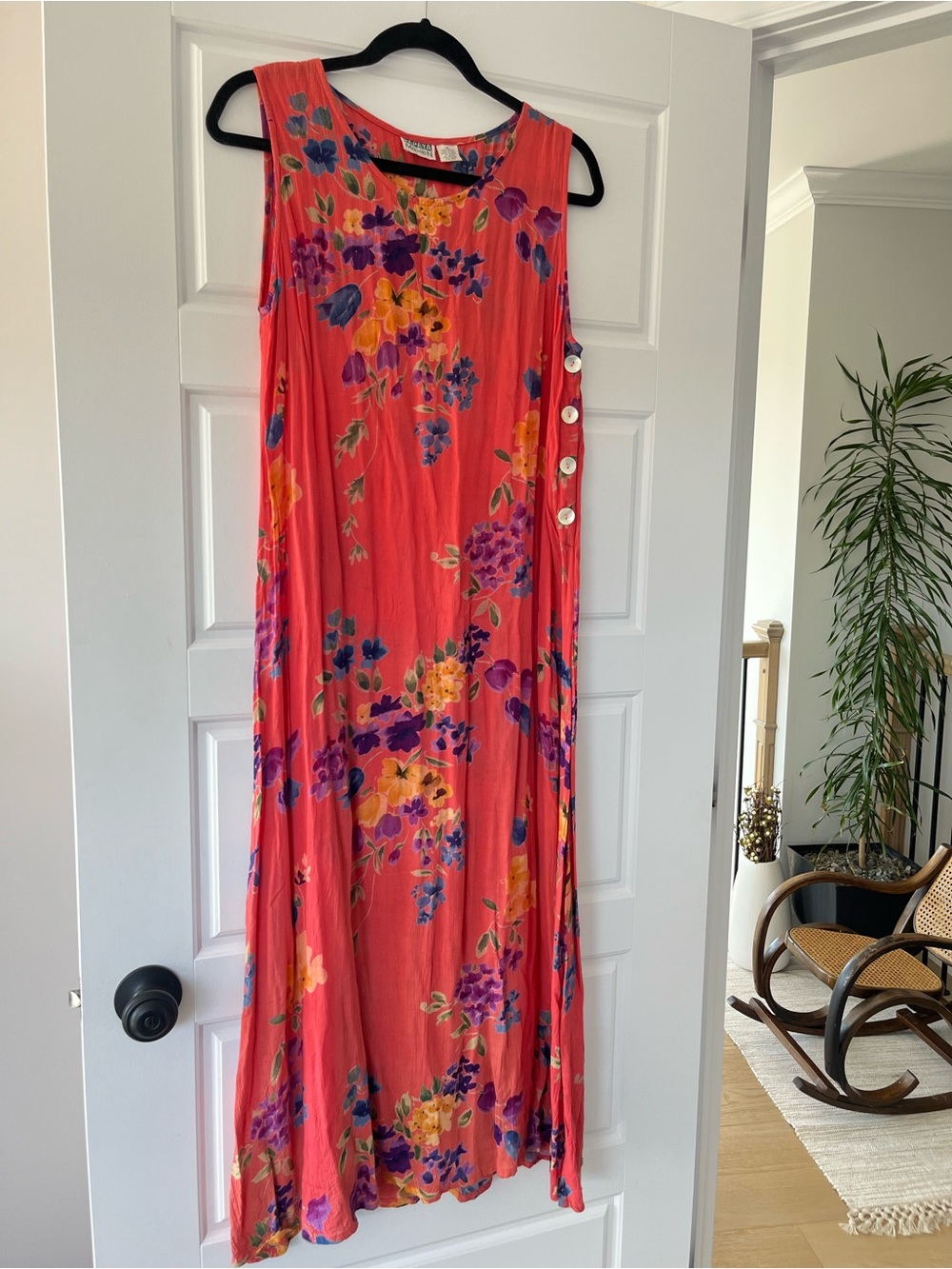 Vintage Papaya Moon Coral Floral Maxi Dress with Side Buttons